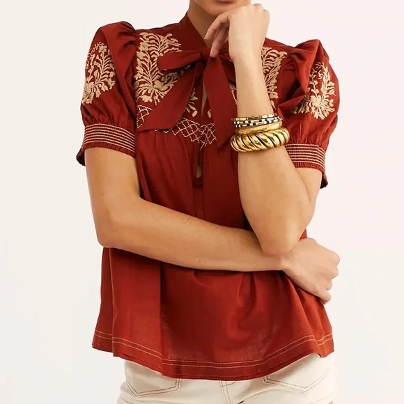 Free People Dreaming About You Baby Doll Blouse Embroidered Boho Size Small - Picture 1 of 13